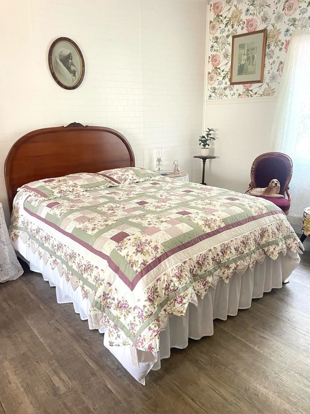 Vintage Quilt Set Floral Purple Green Hand & Machine Sewn Cotton Blend 82x82
